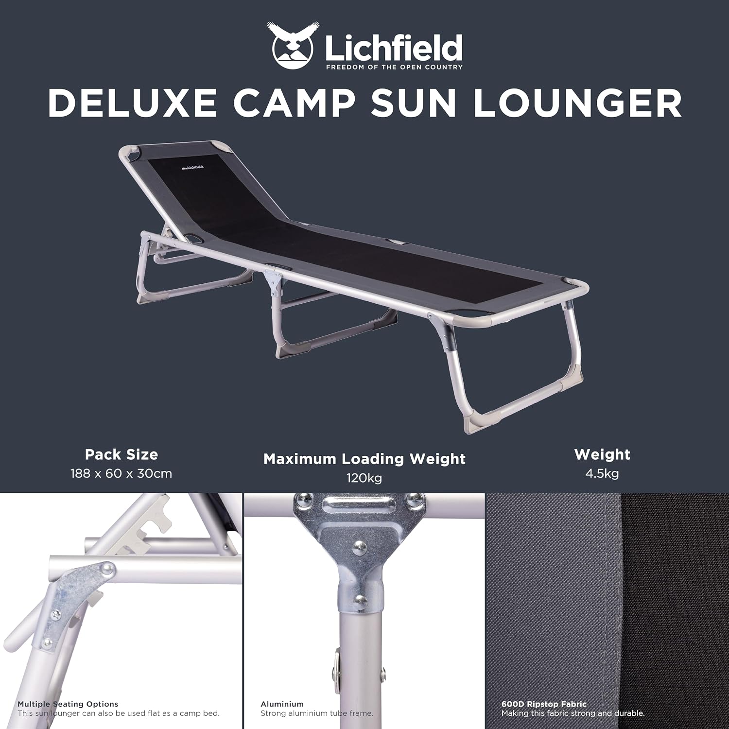 Thumbnail 6 de Lichfield Deluxe Foldable Sun Lounger – 5-Position Recliner with Aluminium Frame, 600D Fabric