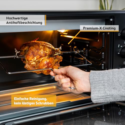 Detalle de TZS First Austria Minibackofen 45L 2000W – Pizzaofen mit Drehspieß, 230°C, Umluft, X-Coating & umfangreichem Zubehör