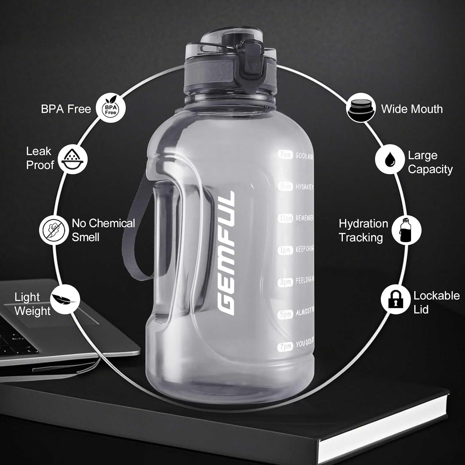 Detalle 2 de GEMFUL 2 Liter Trinkflasche mit Zeitmarkierung – BPA-frei, auslaufsicher, mit Tragegriff (Grau)
