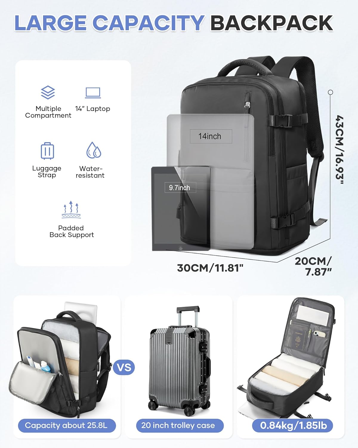 Thumbnail 4 de WONHOX Large Travel Backpack (Carry-on Approved) for Laptop, Shoes & Wet Items