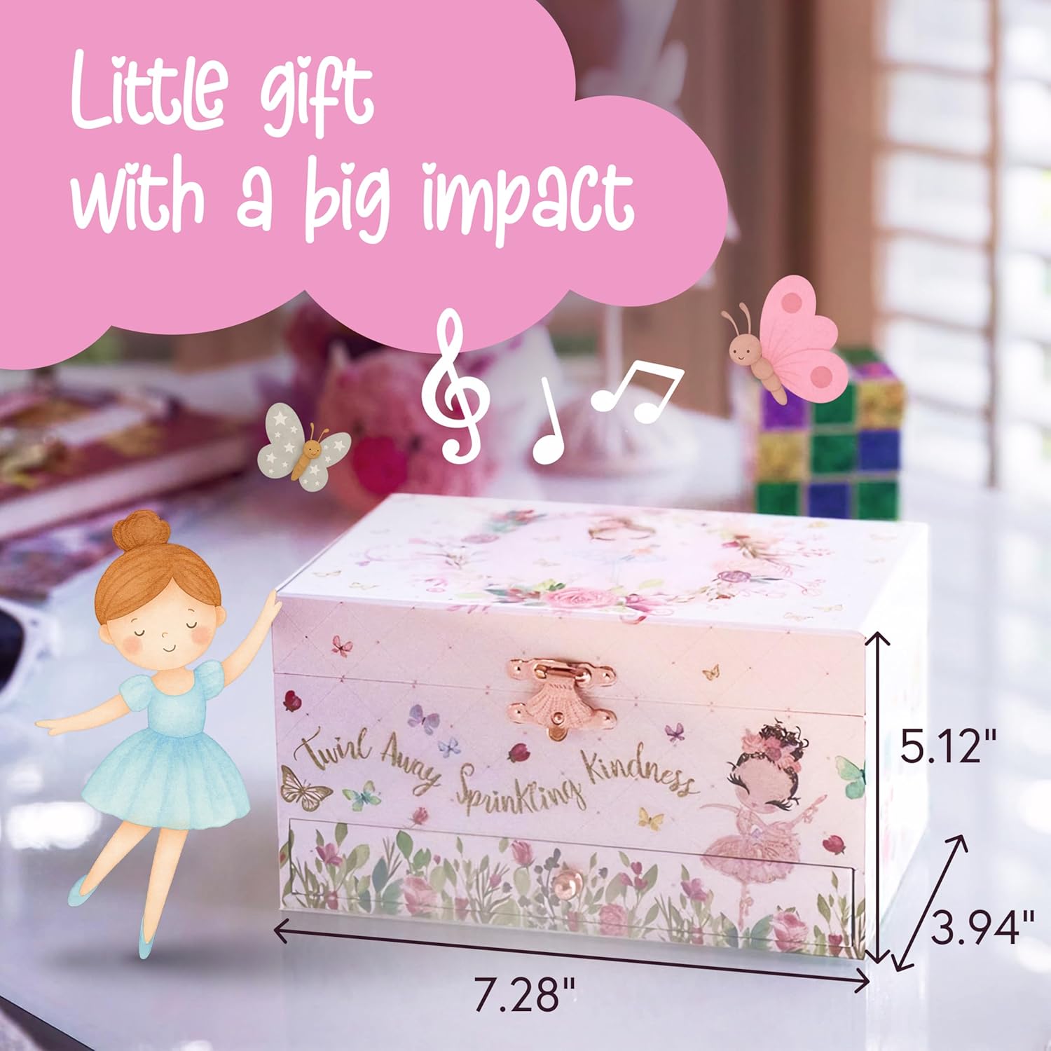 Detalle de The Memory Building Co Ballerina Musical Jewelry Box – Classic Clair de Lune, 2-Tier MDF Organizer for Kids (Ages 6–12)