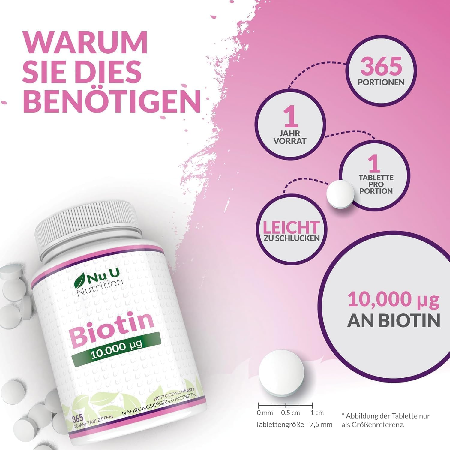 Detalle 2 de Nu U Nutrition Biotin 10.000 mcg, 365 Tabletten 💊