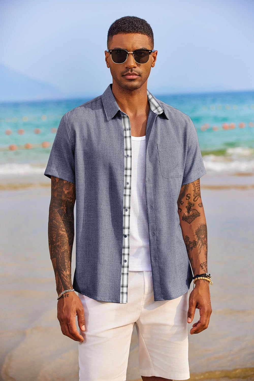 Detalle 2 de COOFANDY Herren Hemd Kurzarm Sommer – Karierte Leiste, Regular Fit