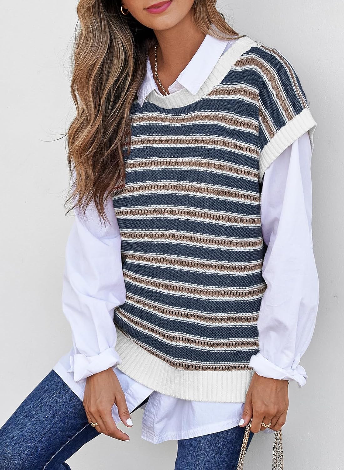 Thumbnail 3 de EVALESS Women's Striped Knit Vest: Lightweight Layering Sweater Vest