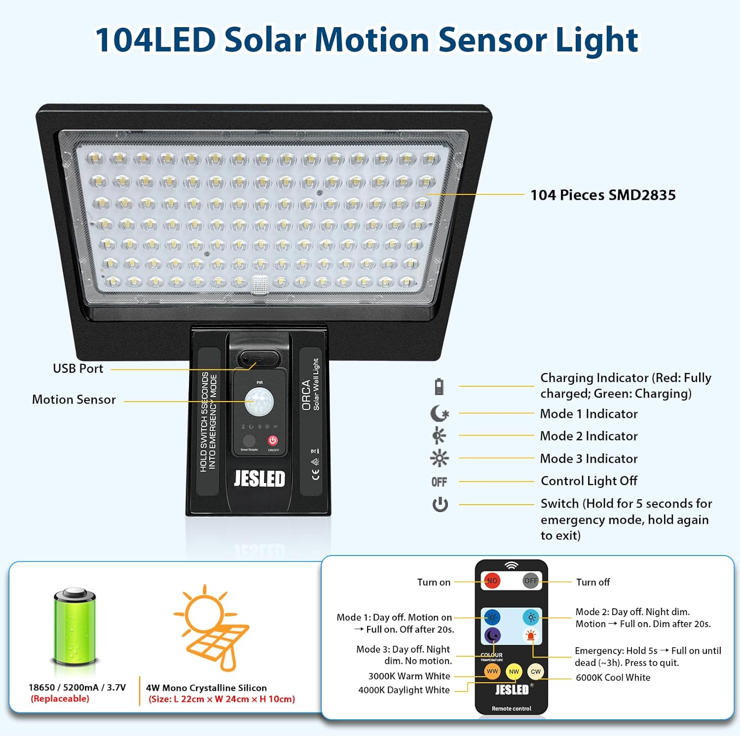 Thumbnail 6 de JESLED 104 LED Solar Security Lights with Motion Sensor and 3CCT – IP65, USB Charge