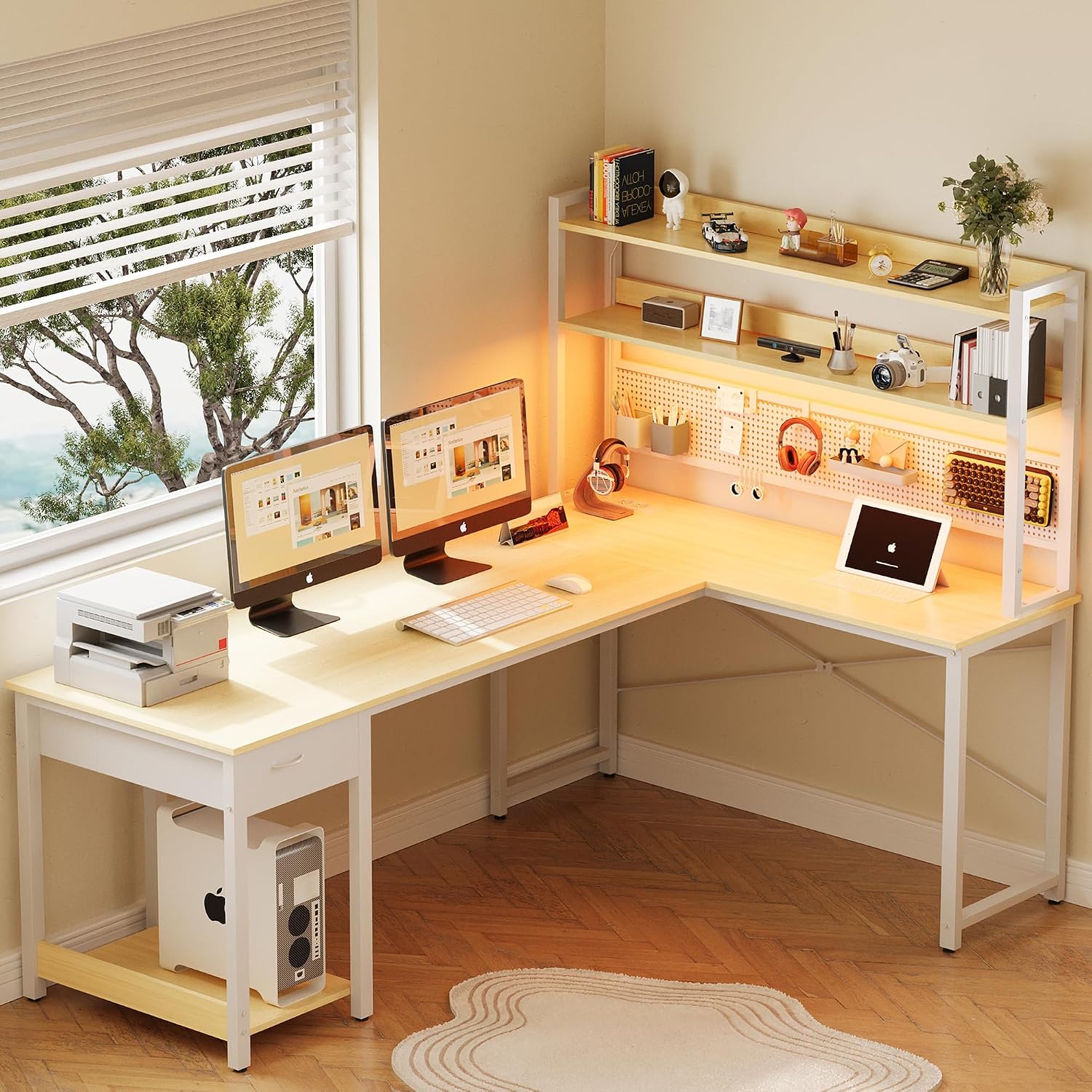 Thumbnail 4 de YOUDENOVA Scrivania Gaming con Pannello Forato, Libreria e LED RGB – Angolare reversibile, 155x100x152 cm, Legno Bianco