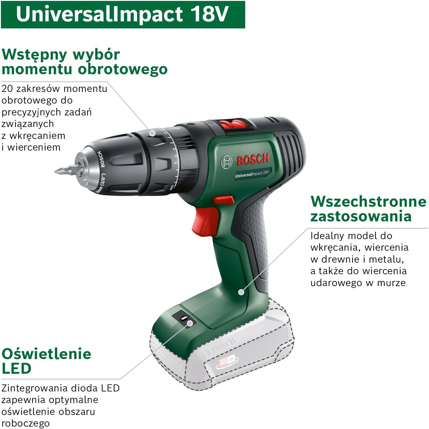 Detalle de Bosch 06039D4102 UniversalImpact 18 – wiertarko-wkrętarka udarowa 18 V