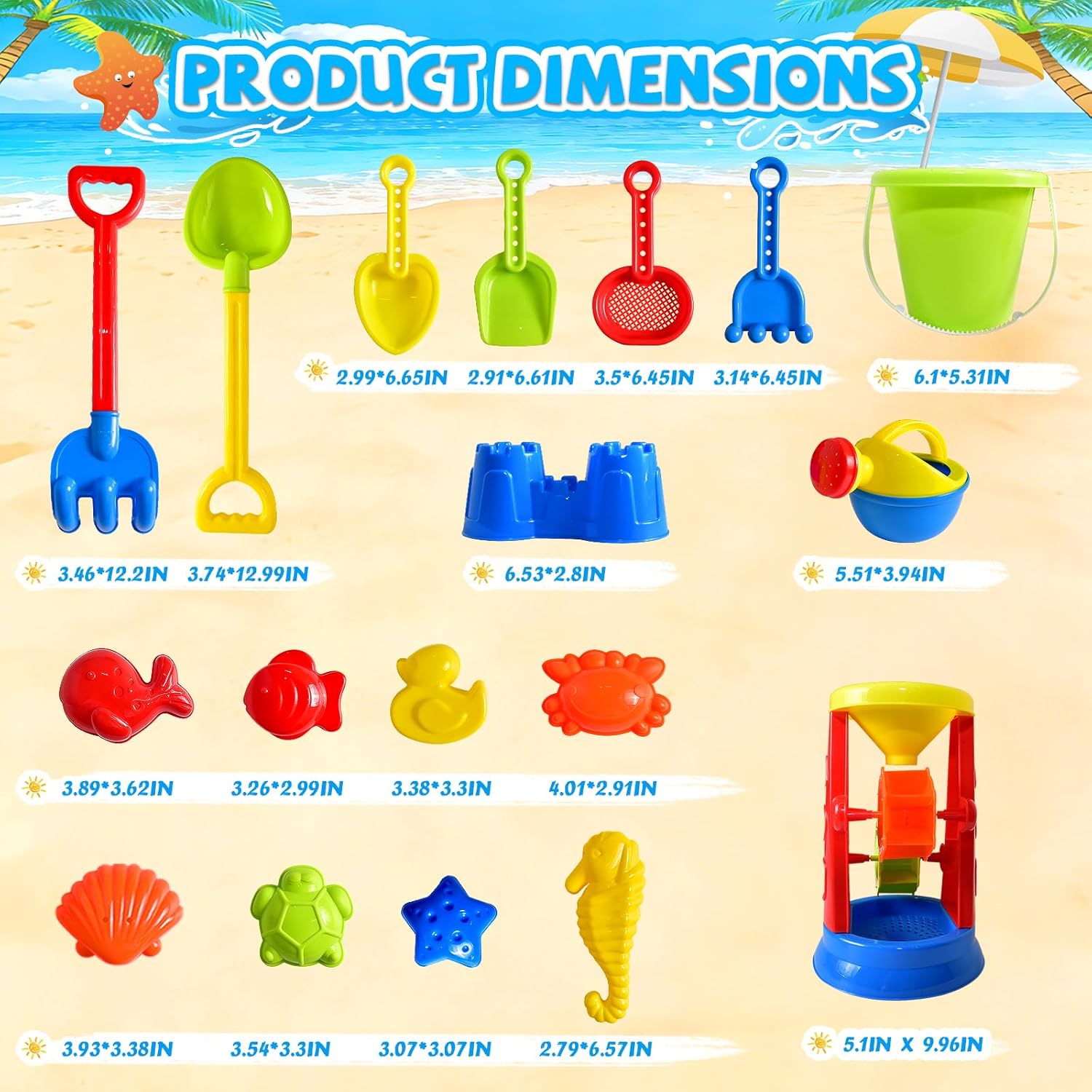 Thumbnail 5 de Beach Toys 19-Piece Sand Toys Set for Kids (Sandbox Water Wheel, Tools, Molds, Mesh Bag) Ages 3–13