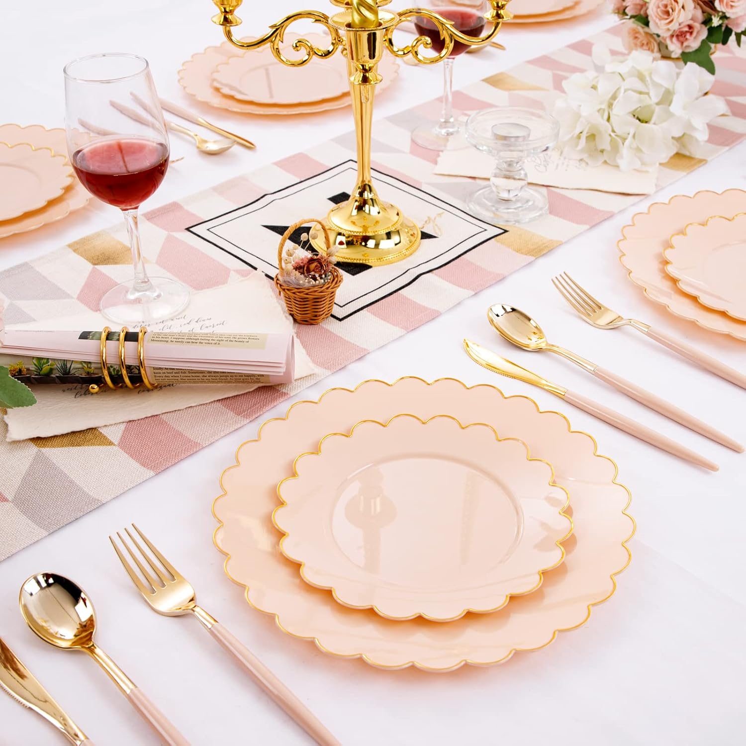 Thumbnail 6 de LIYH 60 Pcs Pink Plastic Plates with Gold Pink Rim – 30 Dinner (10.25") + 30 Dessert (7.5")