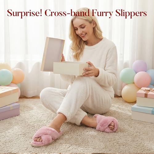 Detalle de Ankis Women's Pink Fuzzy Fluffy Slippers Size 9/10 UK Memory Foam, Cross Band Open Toe