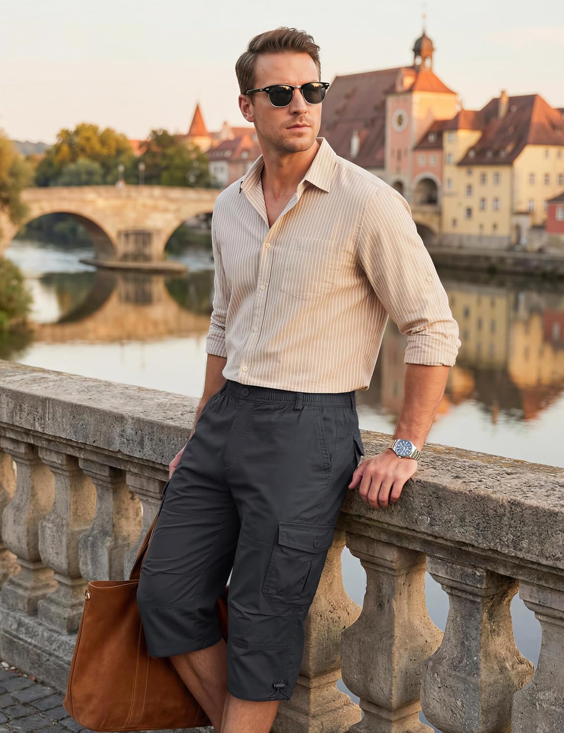 Detalle de KEFITEVD 3/4 Hose Herren Cargo Shorts – lässige Baumwoll-Shorts mit viel Stauraum