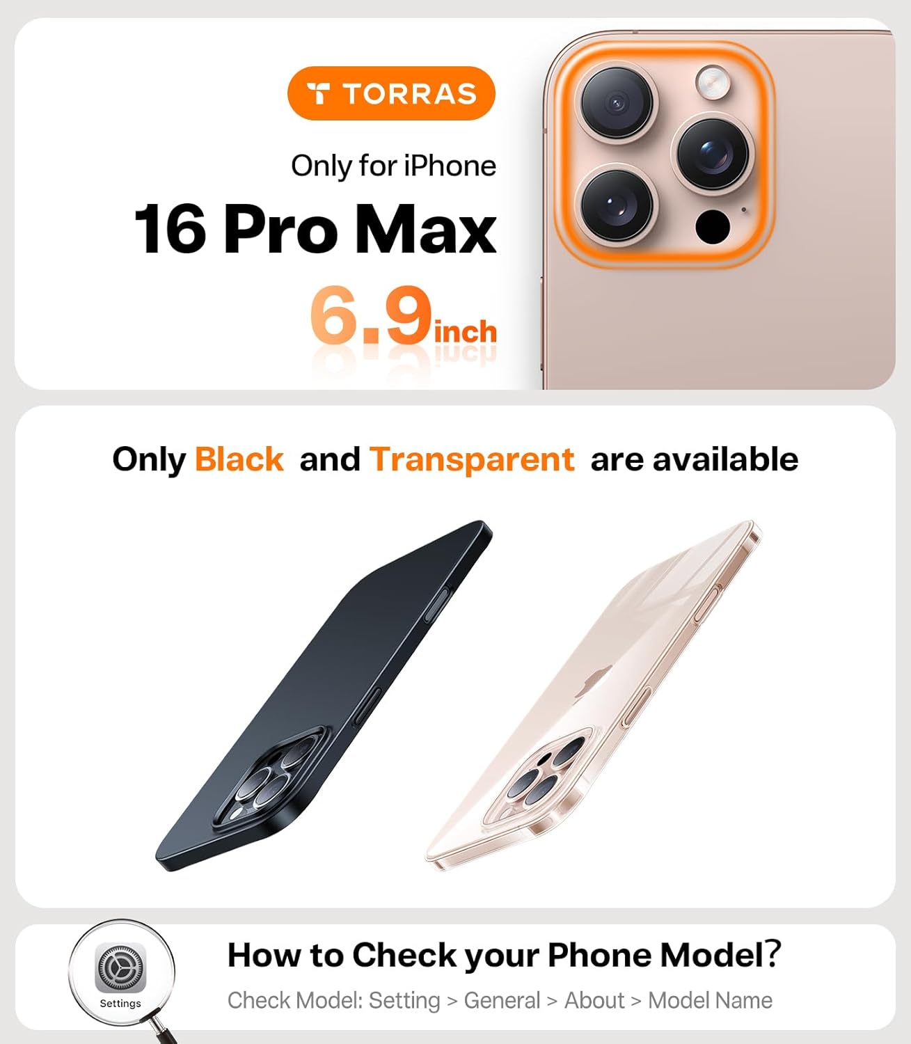Detalle de TORRAS Slim Fit for iPhone 16 Pro Max Case Clear – Ultra-Thin Protection