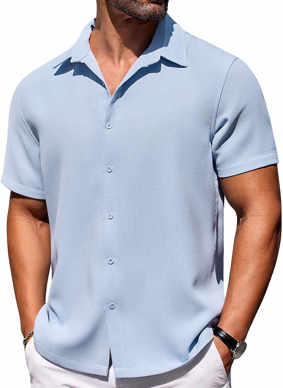 Detalle de COOFANDY Men's Short Sleeve Waffle Shirt Regular Fit – Casual Summer Beach Shirt