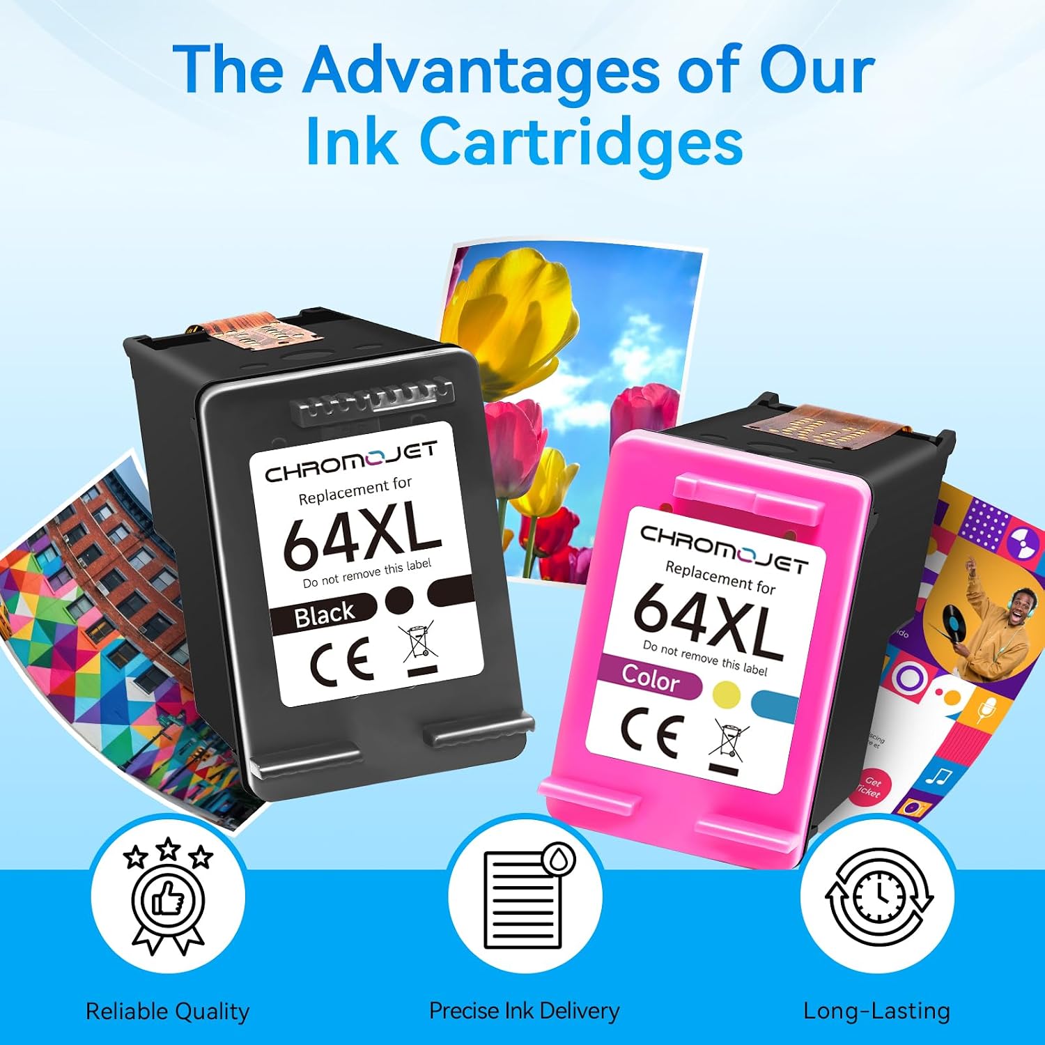 Detalle 2 de Chromojet HP 64XL Compatible Ink Cartridge Combo Pack, Black and Color, 2-Pack