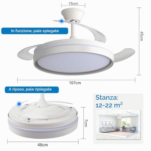 Detalle de Xcdhemde Ventilatore da Soffitto con Luce LED - Bianca: potenza, silenzio e stile a casa tua