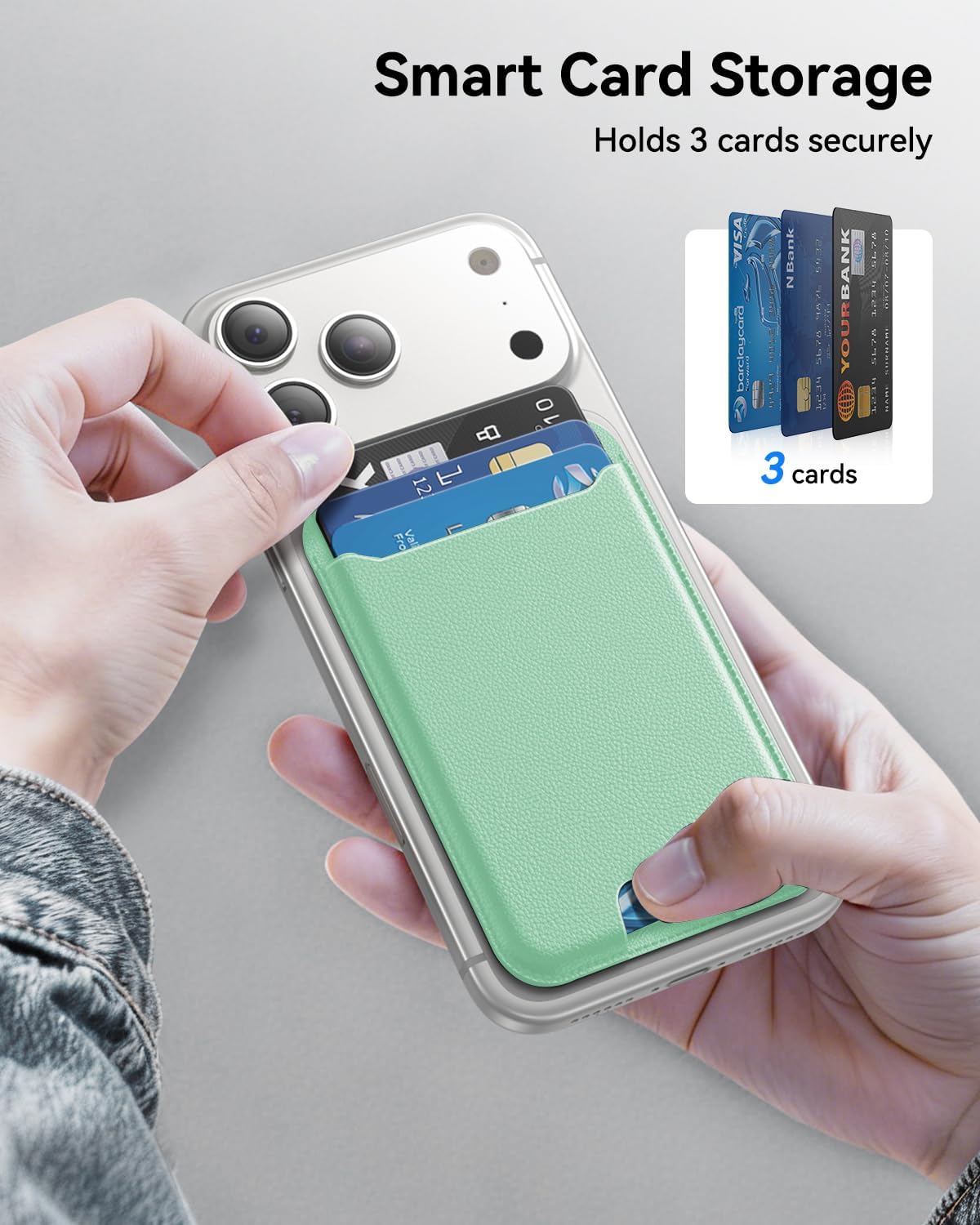 Detalle de TWZKG MagSafe Wallet (3-Card Holder) Slim Magnetic Phone Wallet for iPhone Pro/Plus — Light Green, RFID Blocking Vegan Leather