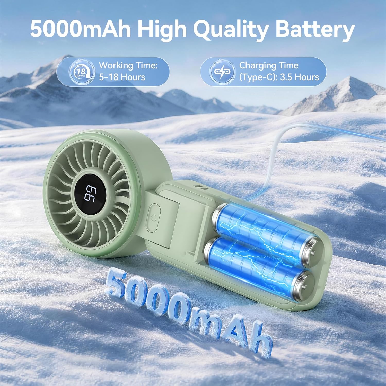 Detalle de TECKNET Handheld Fan with 5000mAh Battery – Portable USB Rechargeable, 150° Foldable, LED Display