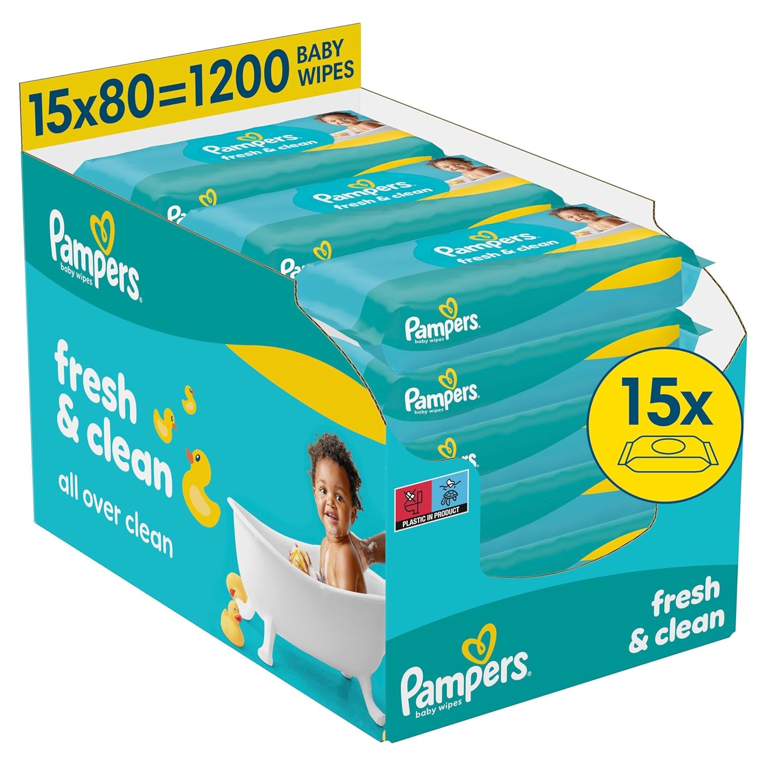 Detalle de Pampers Fresh Clean Feuchttücher 15 Packungen – 80 Stück pro Packung, 1200 Feuchttücher, milder Duft