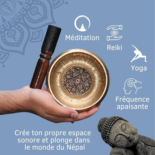 Detalle de XL Bol chantant fait main au Népal – Set tibétain pour méditation et yoga, fuseau cuir, boîte Lokta – Hātakāma Nēpāla