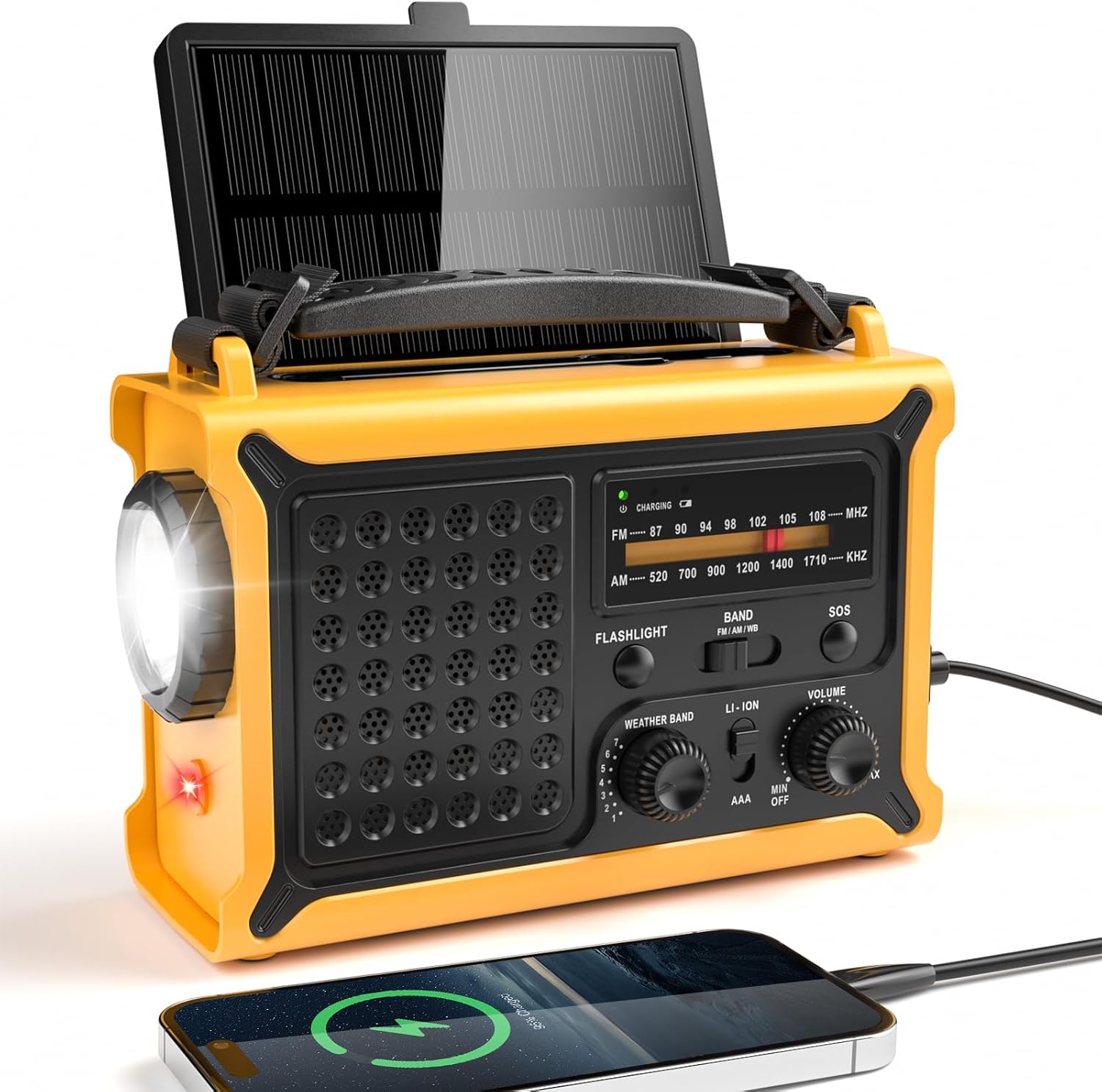 Detalle de Radio Dynamo portable solaire AM/FM avec 12000 mAh – lampe torche, SOS et alimentation d’appoint