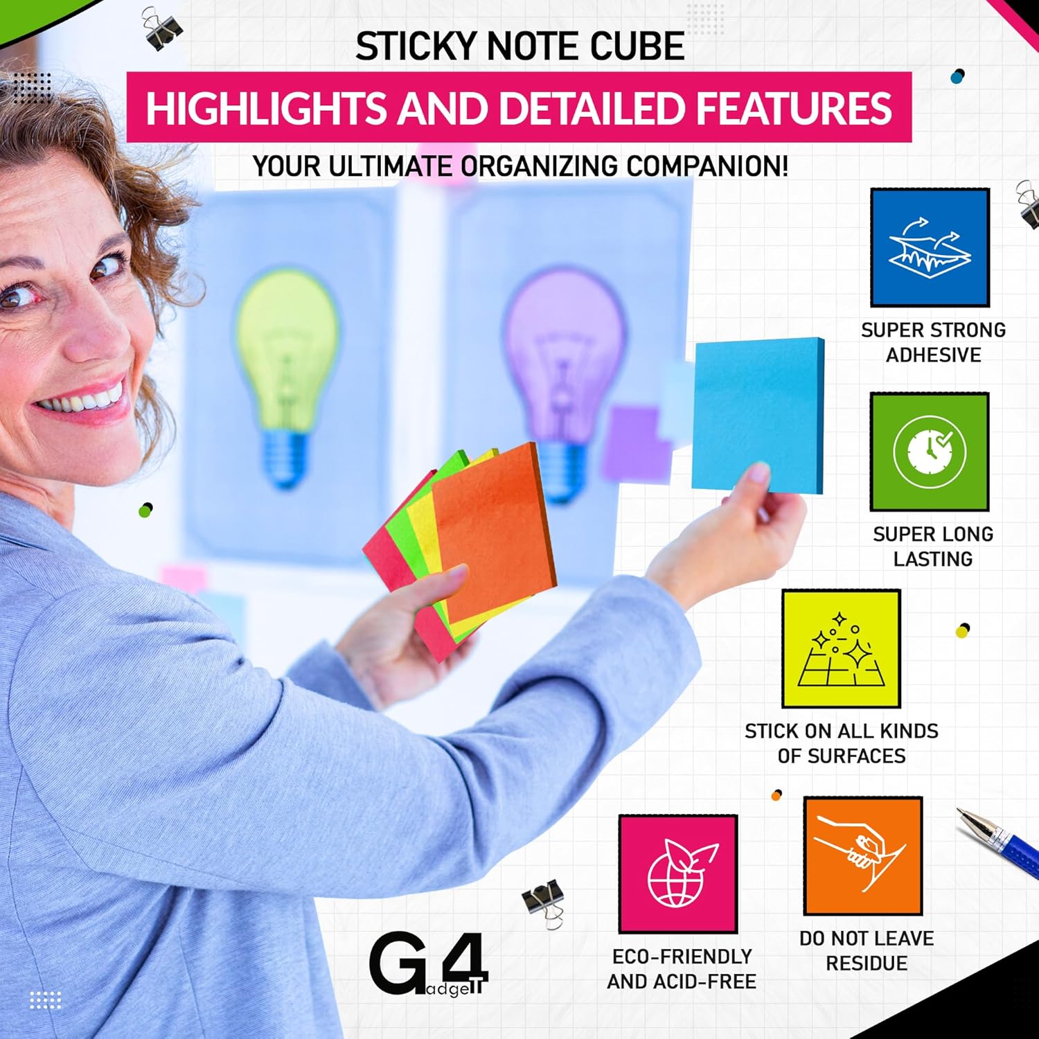 Detalle de G4GADGET 800pcs Sticky Notes 75x75mm – 2 Cube (10 Pads of 80 Sheets) in 5 Colours