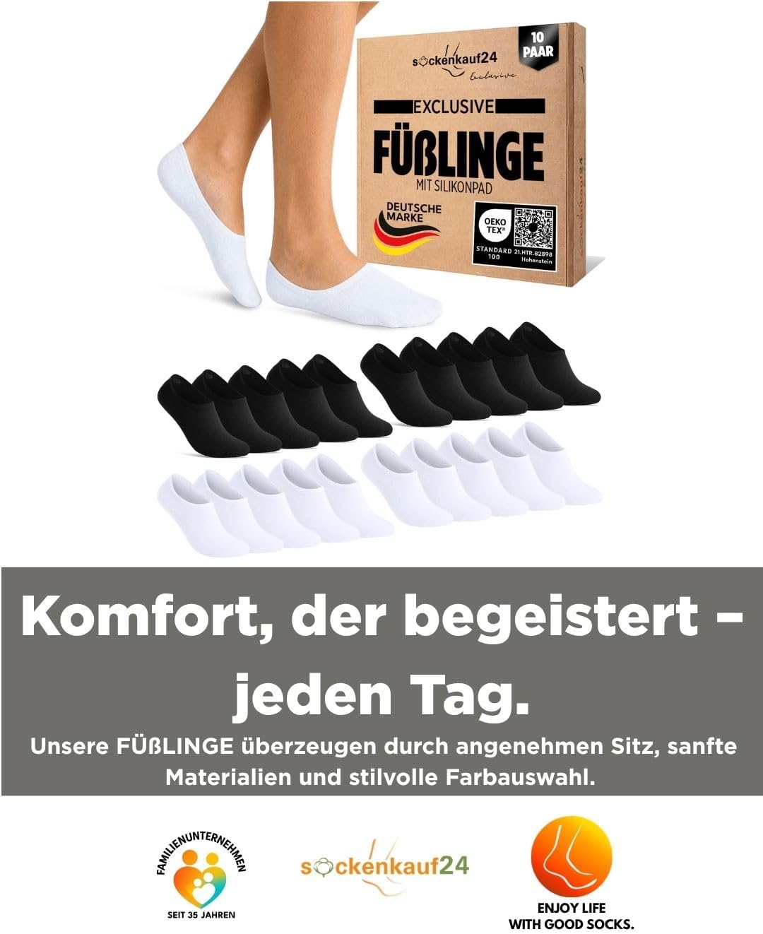 Detalle de sockenkauf24 10 Paar Füßlinge – Unsichtbare Sneaker-Socken mit Silikonpad gegen Verrutschen