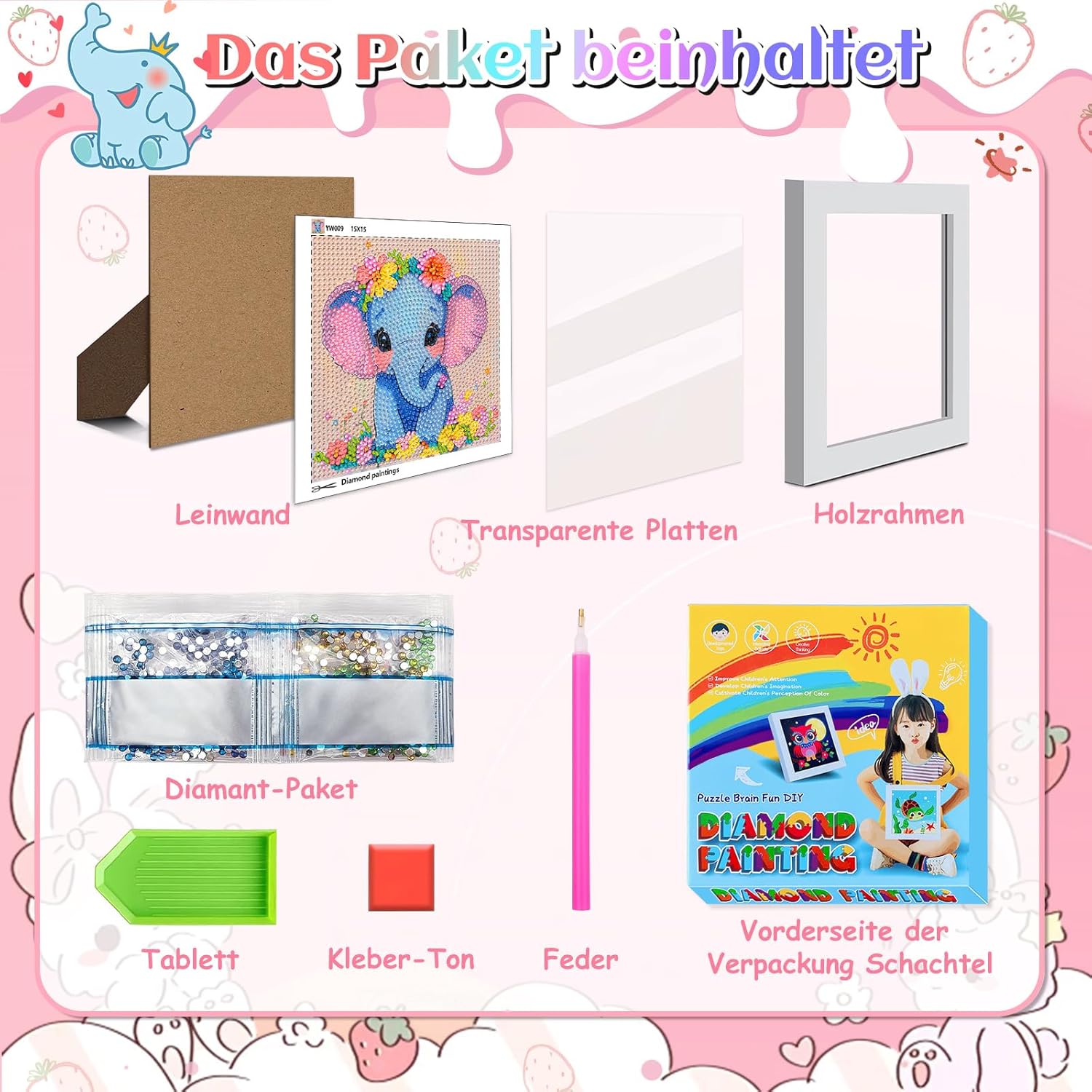 Thumbnail 5 de Jieyisier Elefant 5D Diamond Painting Set mit Holzrahmen (6x6 Zoll) – DIY Tierbild zum Selbermachen