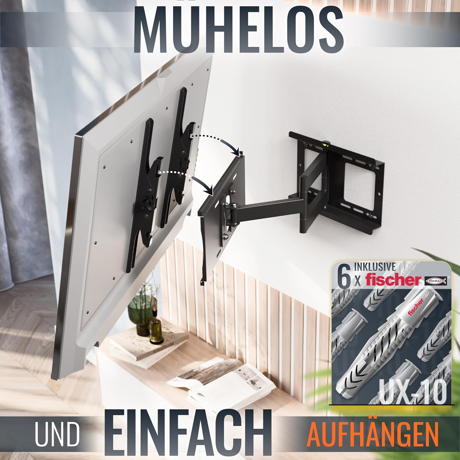 Detalle de RICOO TV Wandhalterung R23-F Schwenkarm für 40–75 Zoll, VESA 400x400, Tragkraft 95 kg