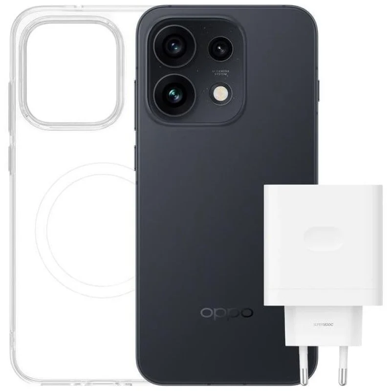 Detalle de OPPO Reno16 Pro 5G 12GB/512GB en negro, con funda y cargador