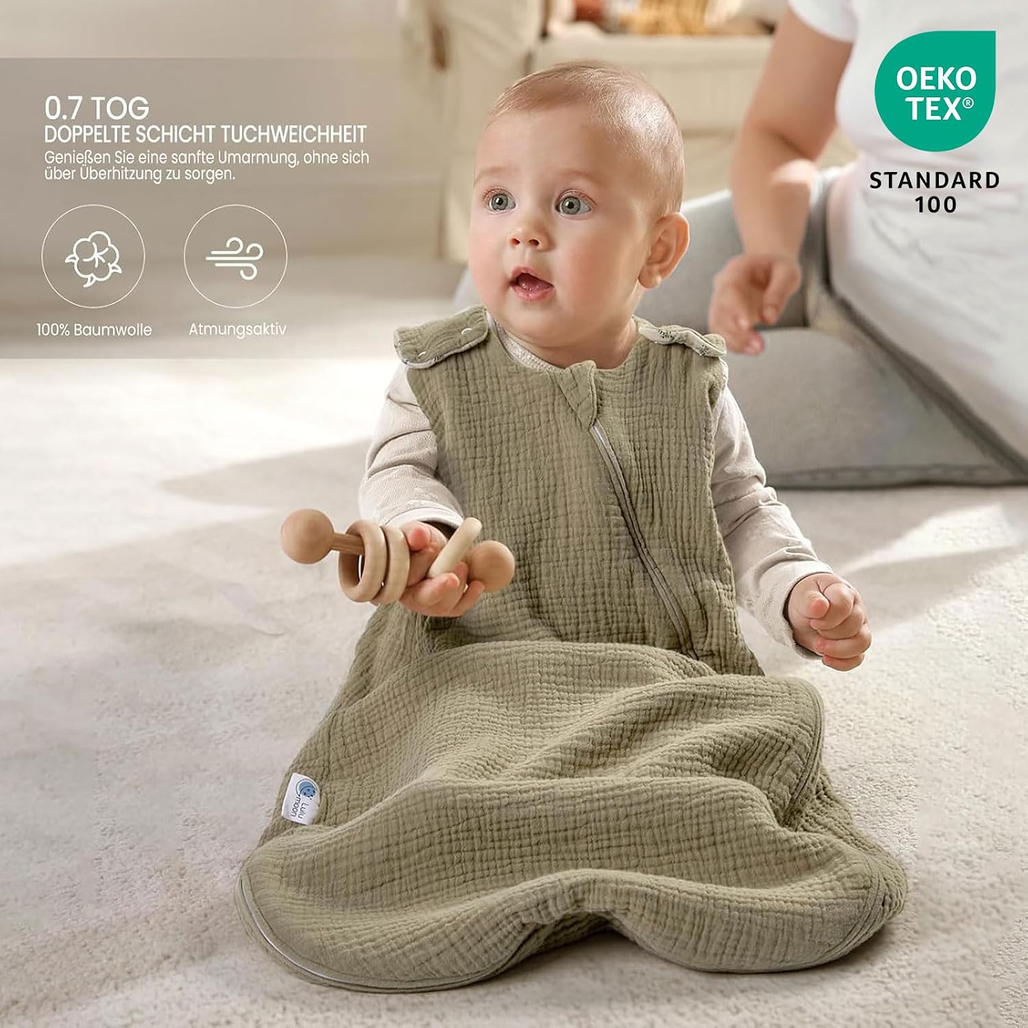 Detalle 2 de lulumoon Baby-Schlafsack (3–9 Monate) aus Musselin – doppellagig, Baumwolle, TOG 0,7, YKK-Reißverschluss