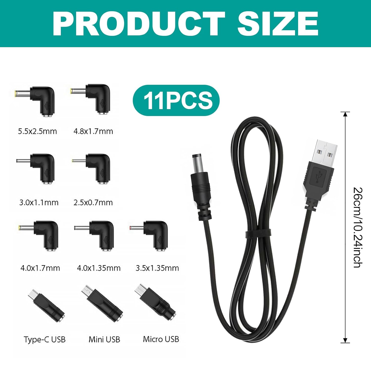 Thumbnail 1 de 1M USB to DC 5V Power Cord with 10 Connector Tips for Mini Projectors and More