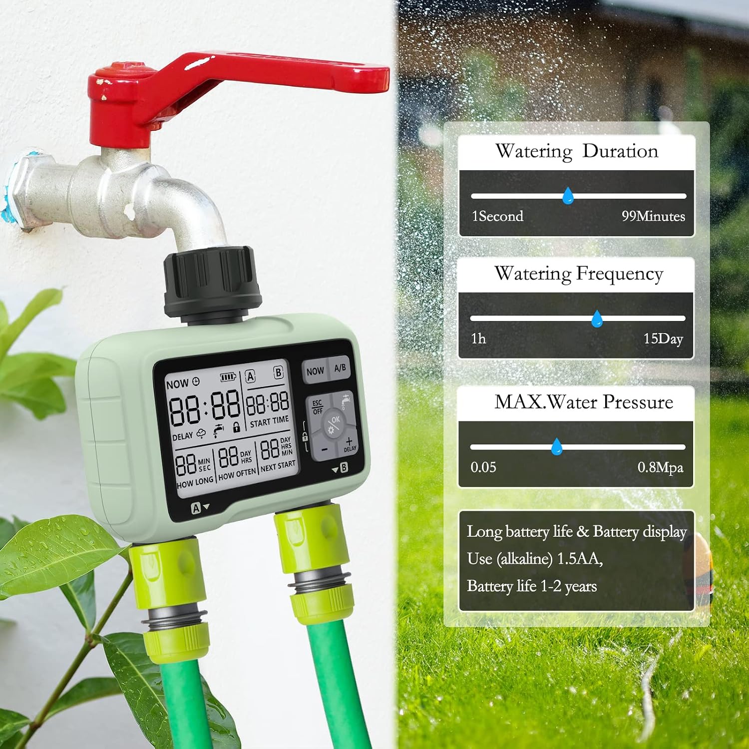 Thumbnail 2 de CROSOFMI 2 Uscite Centralina Irrigazione Giardino Timer con Ritardo Pioggia e Modalità Manuale