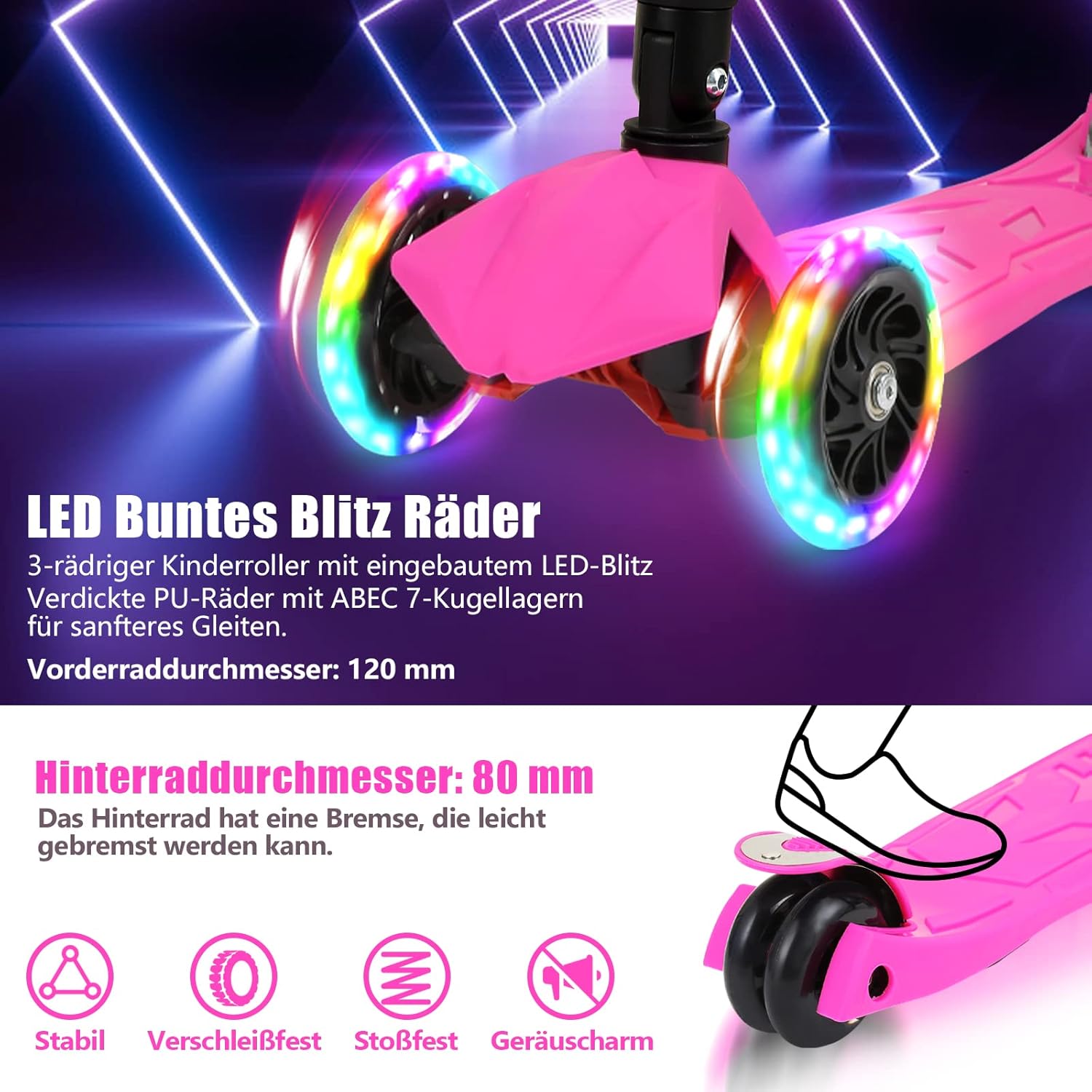 Detalle de Fiqops Monopattino per bambini 3–12 anni: ruote LED, altezza regolabile e pieghevole