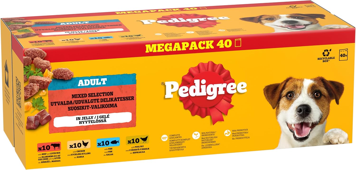Thumbnail 1 de Pedigree Adult Dog Food Pouches Mixed Selection in Jelly 40 x 100 g Mega Pack