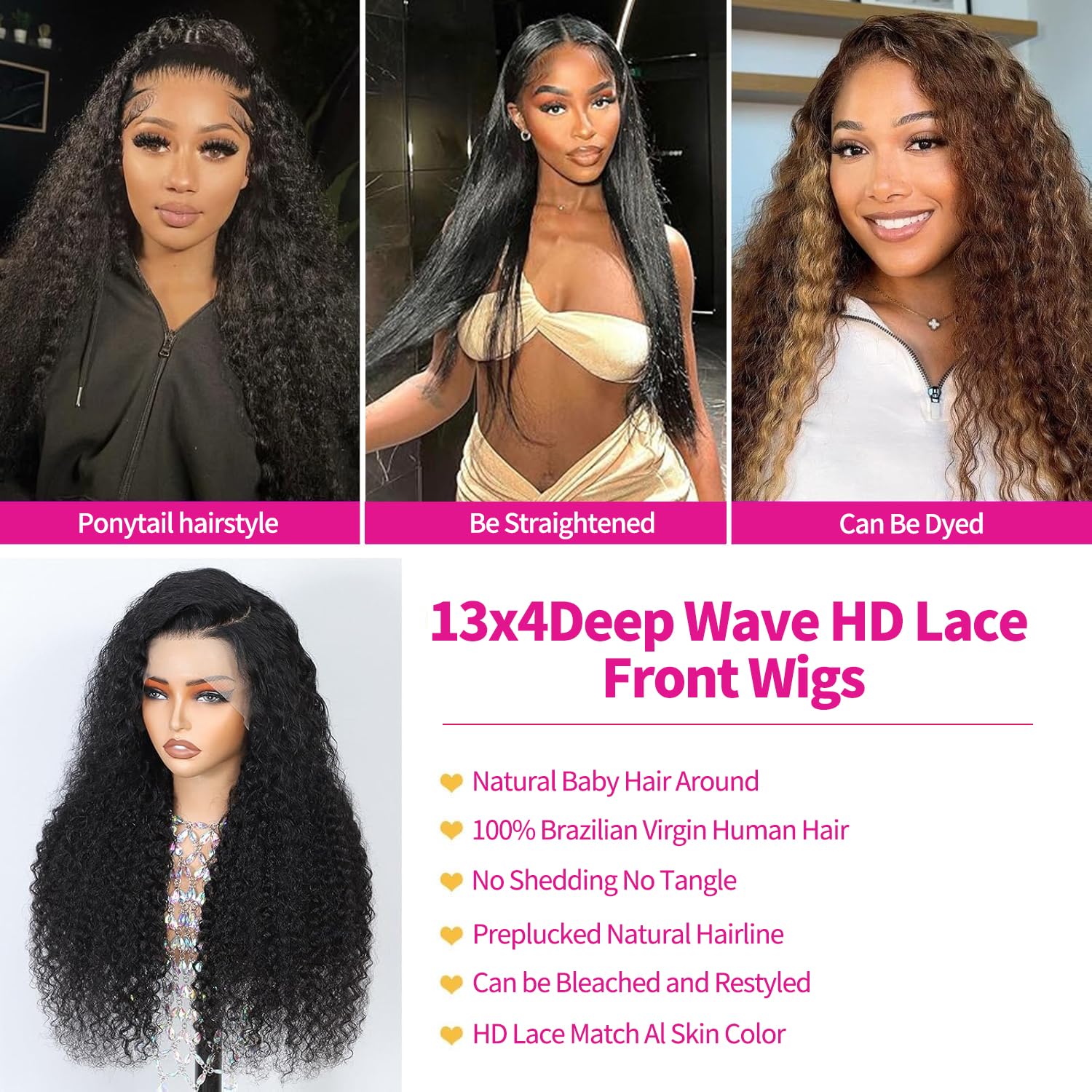 Detalle de Gureimi Deep Wave Lace Front Wig (13x4 HD) – 200% Density, 100% Human Hair
