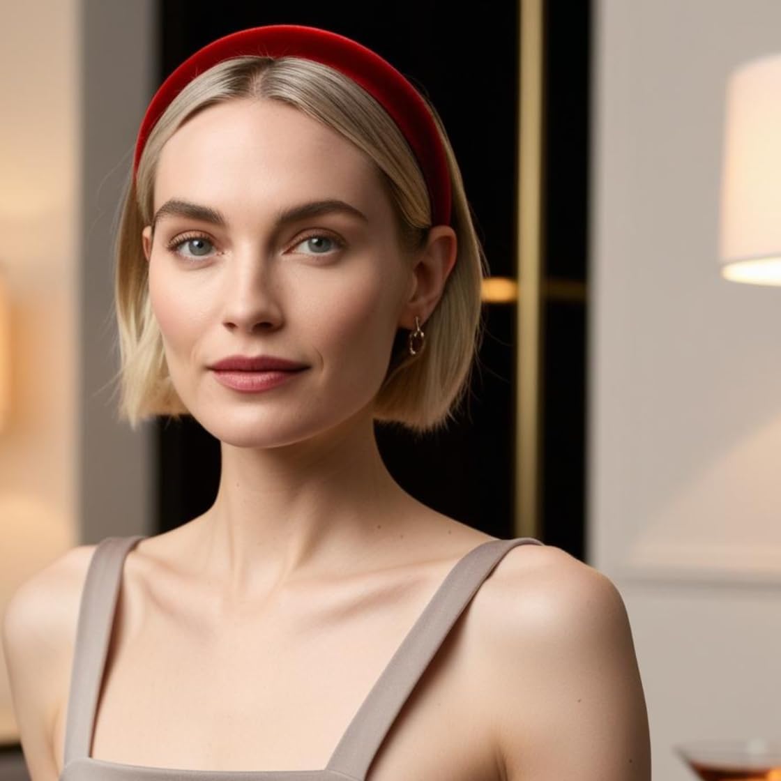Thumbnail 3 de Cerchietto capelli donna elegante in velluto bombato da 1 cm – Rosso