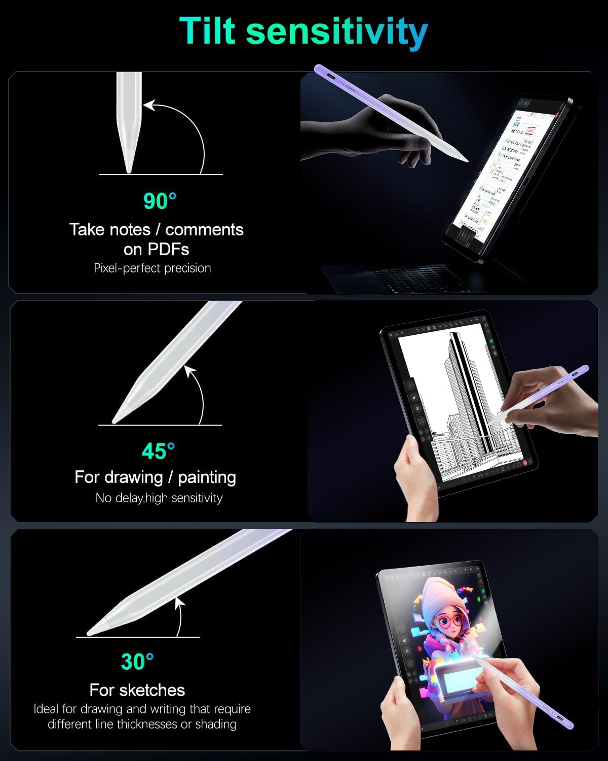 Detalle de Variglas Pencil for iPad (2018–2025) – 15-minute fast charging, tilt sensitivity & palm rejection, gradient purple