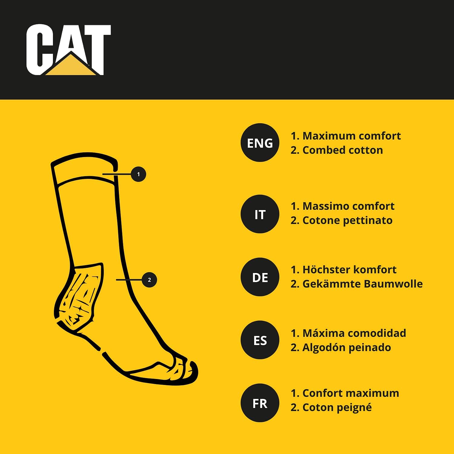 Detalle 2 de CAT Caterpillar – Lot de 6 chaussettes de travail en coton pour hommes, taille conforme et confortables