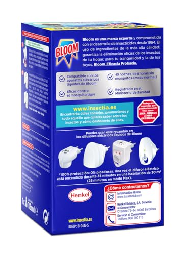 Detalle de Bloom Líquido Recambio (pack 4) para insecticida eléctrico: protección 6 en 1 sin perfume para mosquitos común y tigre