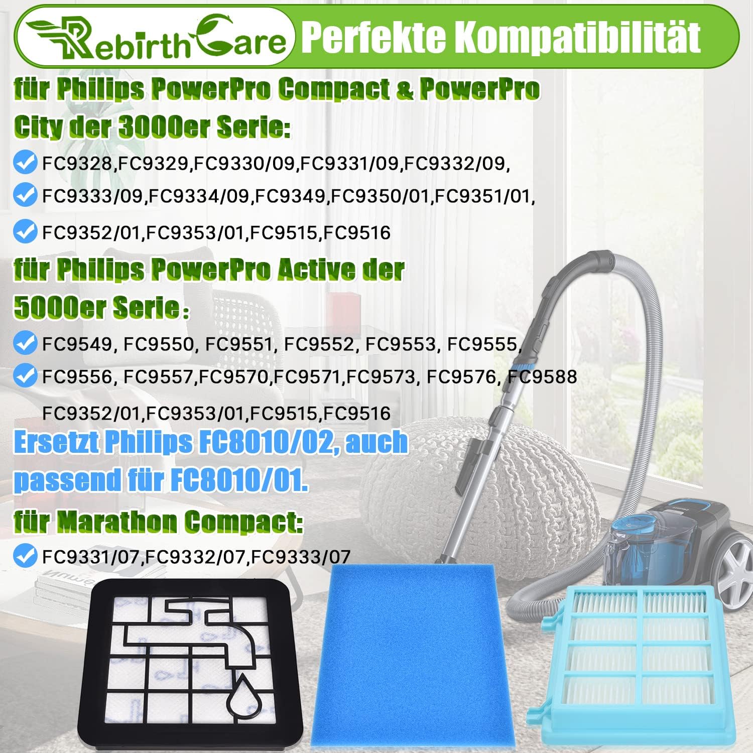 Detalle 2 de Filterset 3 Stück für Philips Power Pro Compact und Cyclone 5 – Ersatzfilter FC9332/ FC9331 kompatibel