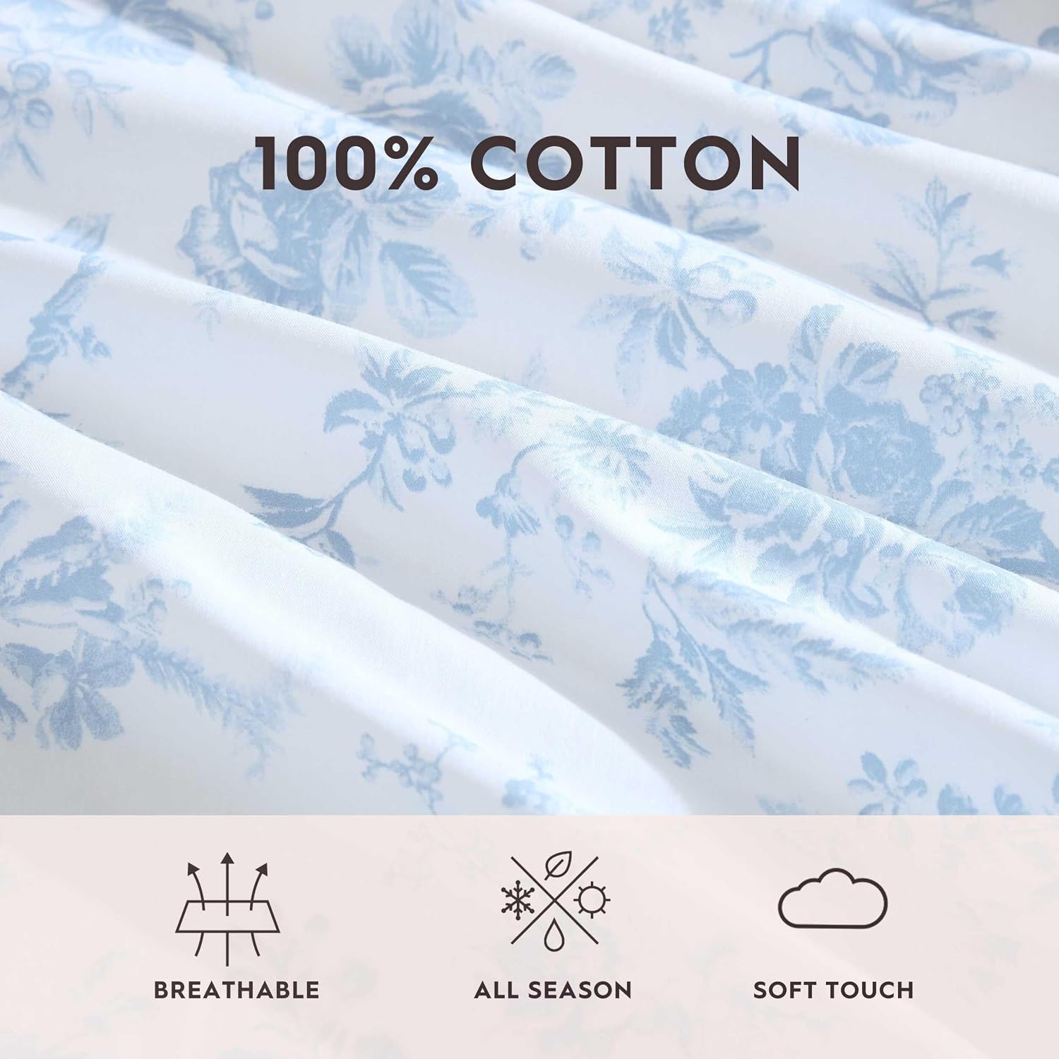 Detalle de Laura Ashley Twin Size Sheet Set: Crisp Cotton Percale with Deep Pocket Fit