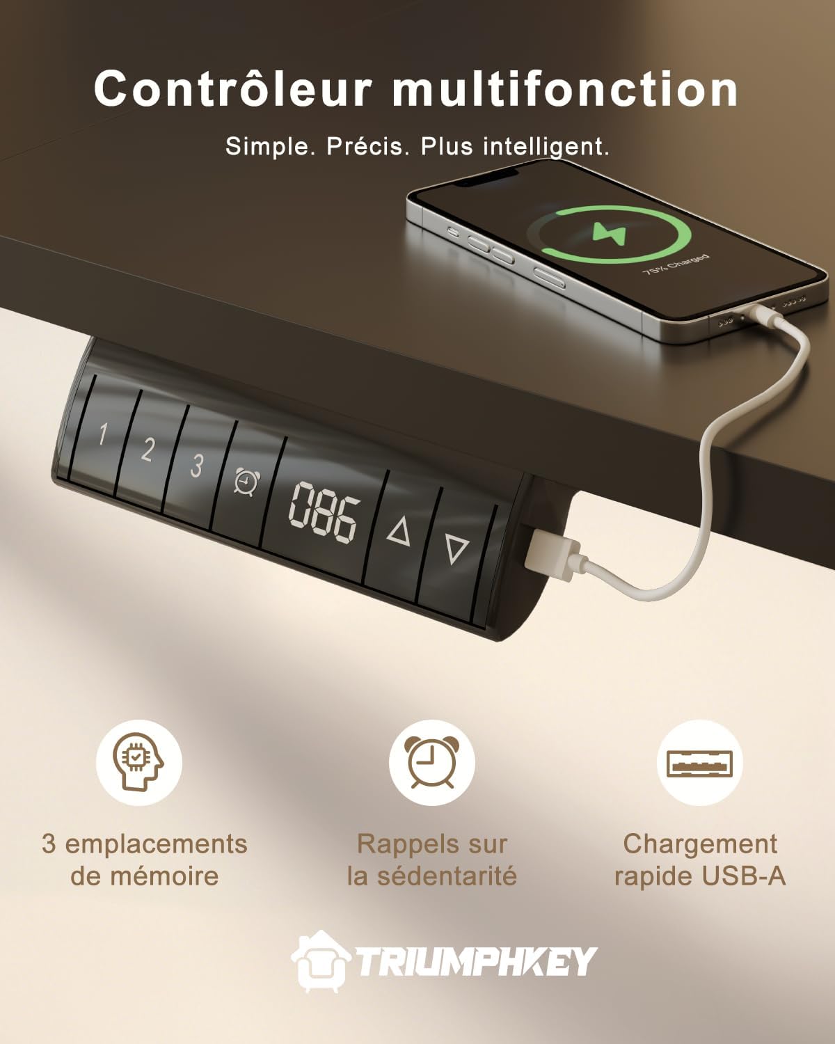 Detalle de TRIUMPHKEY 0287 elektrisch zit-sta-bureau 160 x 80 cm met USB en geheugenstanden