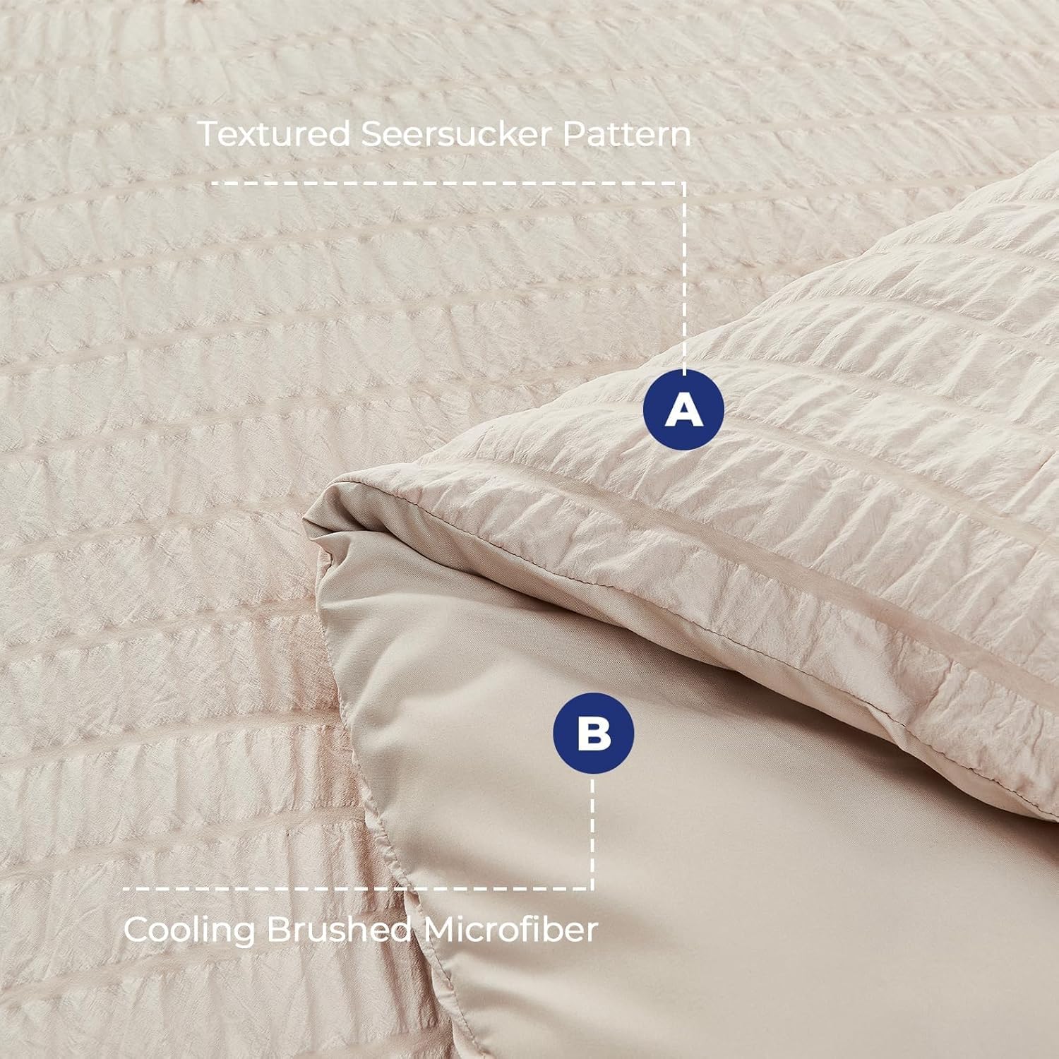 Detalle de HYMOKEGE Beige Queen Duvet Cover Set (3-Piece) — Seersucker Microfiber with Zipper & 8 Corner Ties