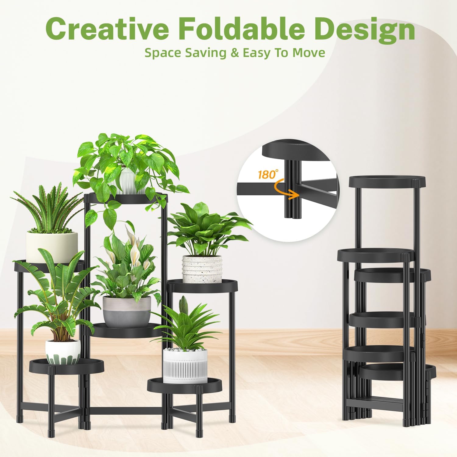 Detalle de iDavosic.ly 6-Tier Folding Plant Stand with Waterproof Plastic Trays, Black