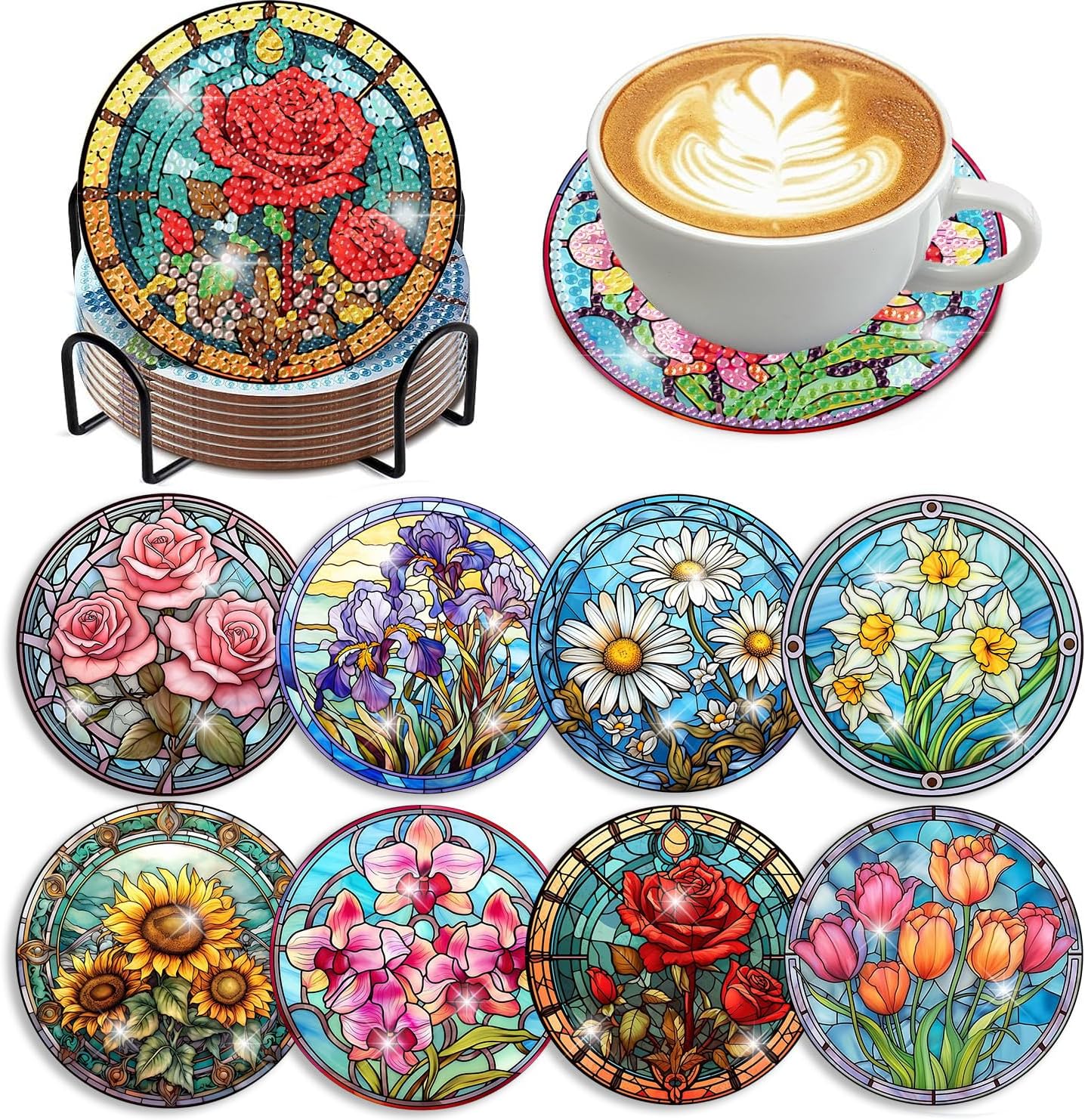 Detalle de croshom 8-Piece Floral Diamond Art Coaster Kit with Acrylic Coasters and Cork Backing