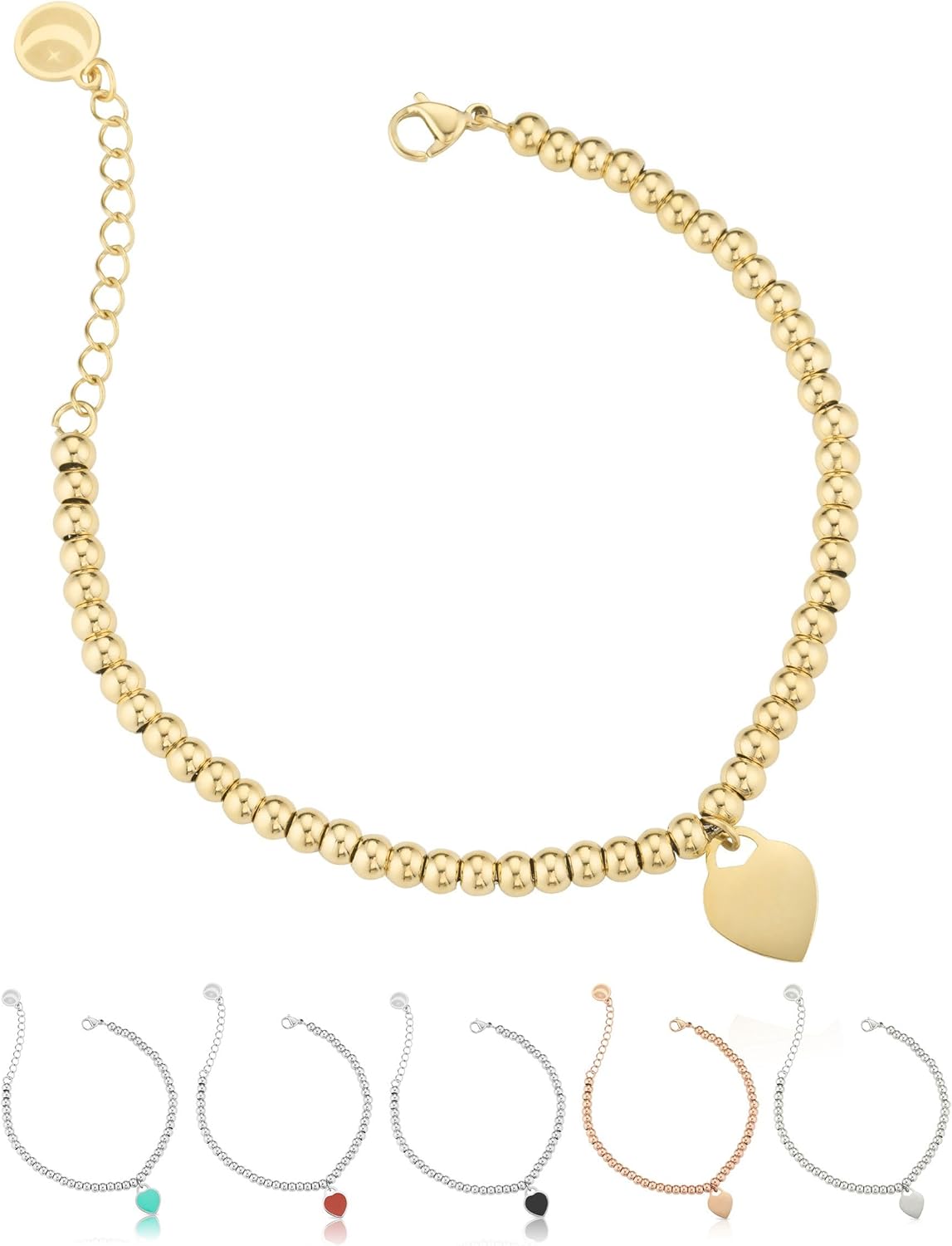 Detalle de inSCINTILLE Cuore Rock: Bracciale Donna a Palline in Acciaio Inossidabile con Cuore Colorato