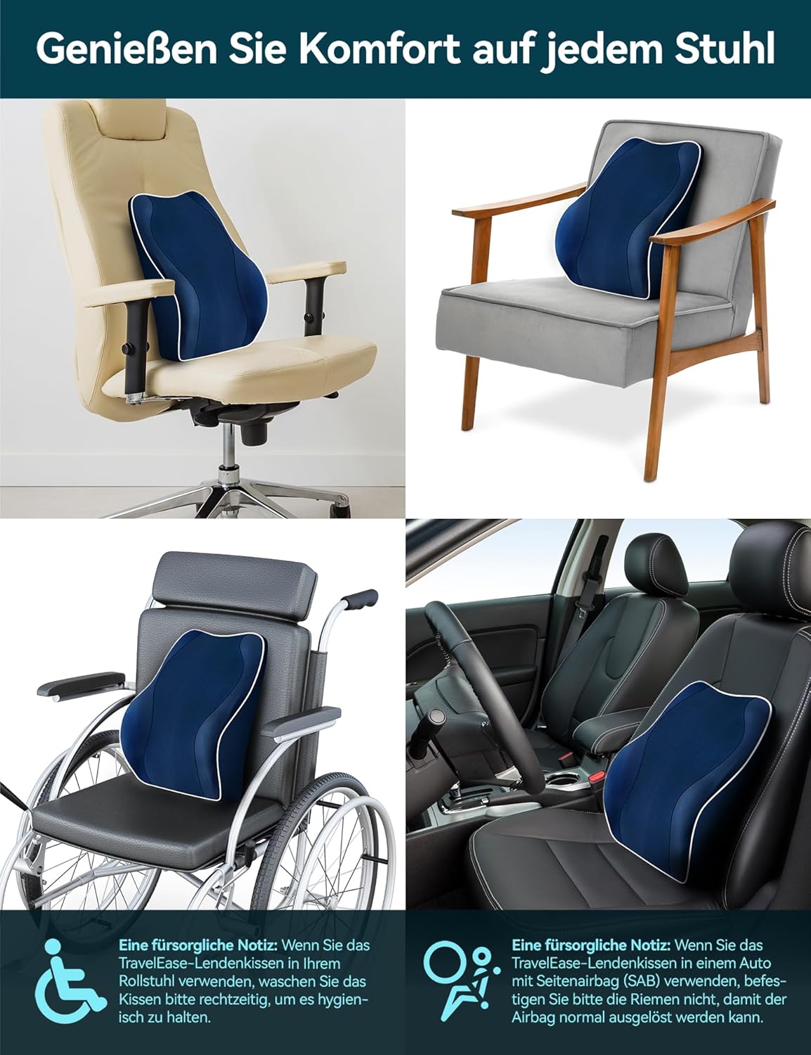 Thumbnail 6 de Travel Ease ergonomisches Rücken- & Lendenkissen aus Memory Foam (dunkelblau) für Bürostuhl und Auto