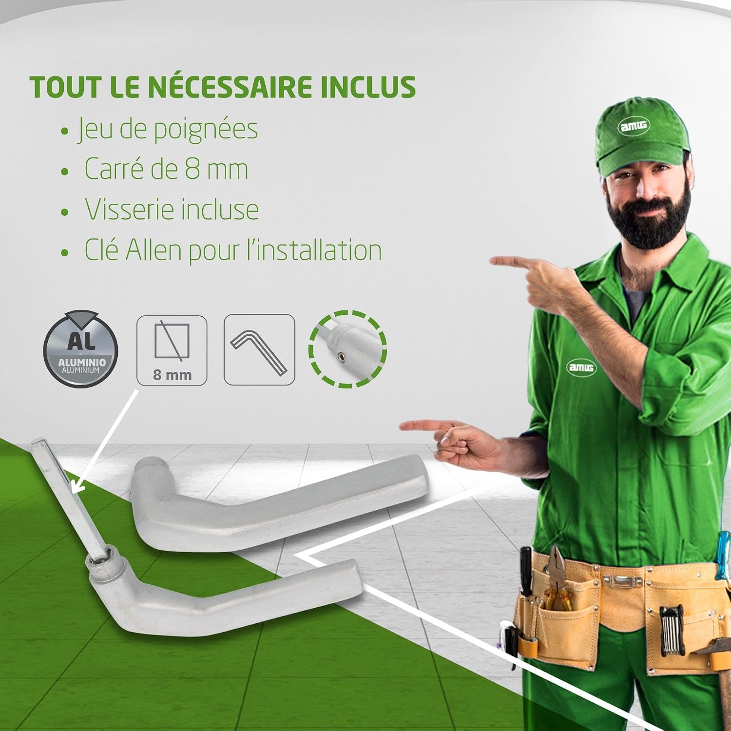 Thumbnail 4 de Amig – Set de poignées sans rosace en aluminium finition argentée mate, 130 x 61 mm, carré 8 mm, pour portes 35–65 mm (Mod. 2113)