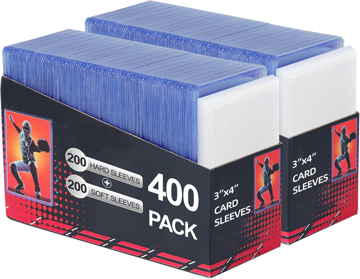 400 Card Sleeves: Clear Hard Sleeves for Cards (3" x 4"), Blue, 200 Hard Sleeves + 200 Penny Sleeves