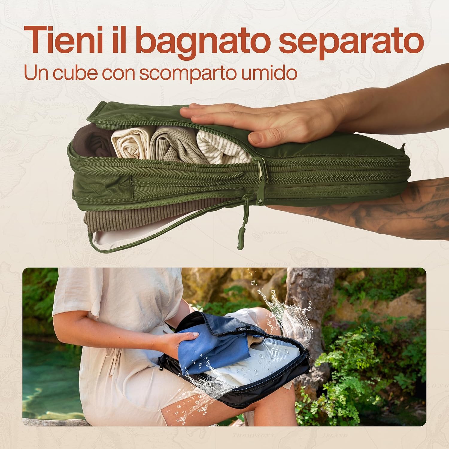 Detalle de TRAVEL DUDE Organizer valigia con compressione e packing cubes (set da 7) Verde Foresta